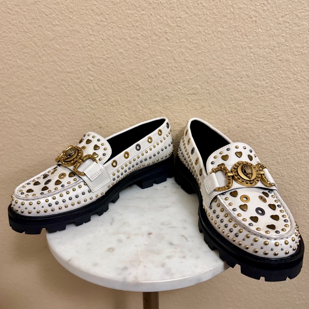 NEW Women KURT GEIGER Mansion Cream Gold Studs eagle leather Loafer EU40/US9 - Picture 4 of 10